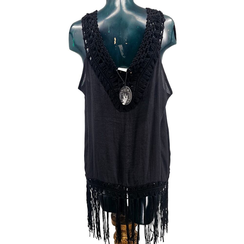 NEW Vivid Black Sleeveless Boho Fringe Tunic Cover Up Dress Top Size 1X 3376 - Picture 2 of 10